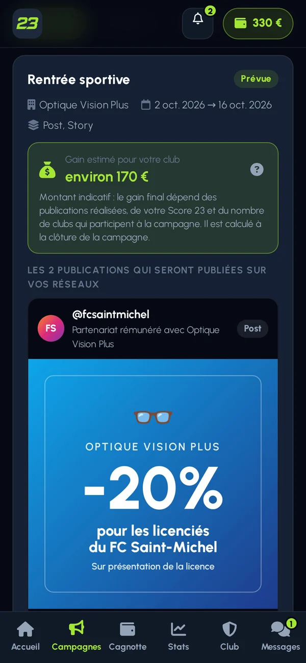 Application 23 : publicité prévue sur les réseaux du club avec le gain estimé